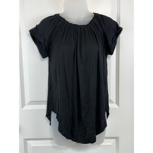 NWT Grey State Black Viscose Boho Blouse Ruffle Neck Crochet Trim Tie Back 0
